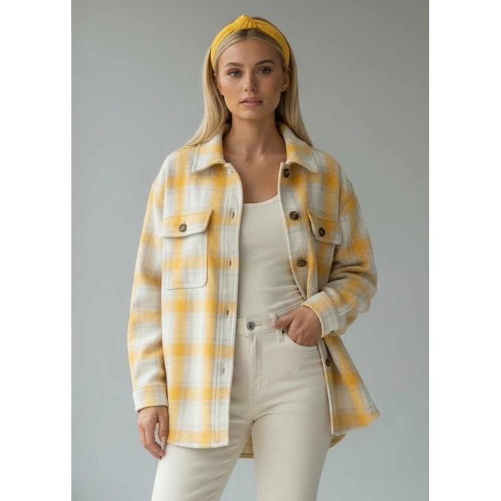 Old Navy Yellow Plaid Oversized Shacket Shirt Jacket Large Petite LP